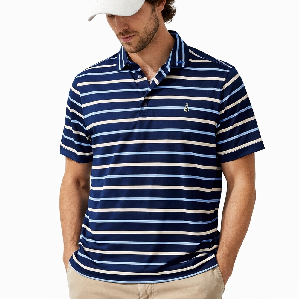 fairway greene FG Tech Golf men Polo Shirt L blue red white usa Wicking stretch